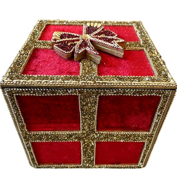 Red Velvet Gold Sequin Christmas Present Gift Box w/ Bow & Lid 7in Holiday Decor - Picture 3 of 15